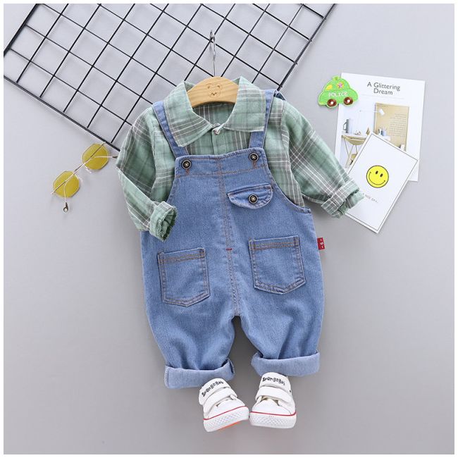 Salopeta din blugi si camasuta verde (Marime Disponibila: 18-24 luni) ADHQ326-3