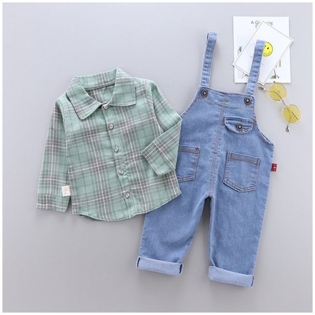 Salopeta din blugi si camasuta verde (Marime Disponibila: 18-24 luni) ADHQ326-3