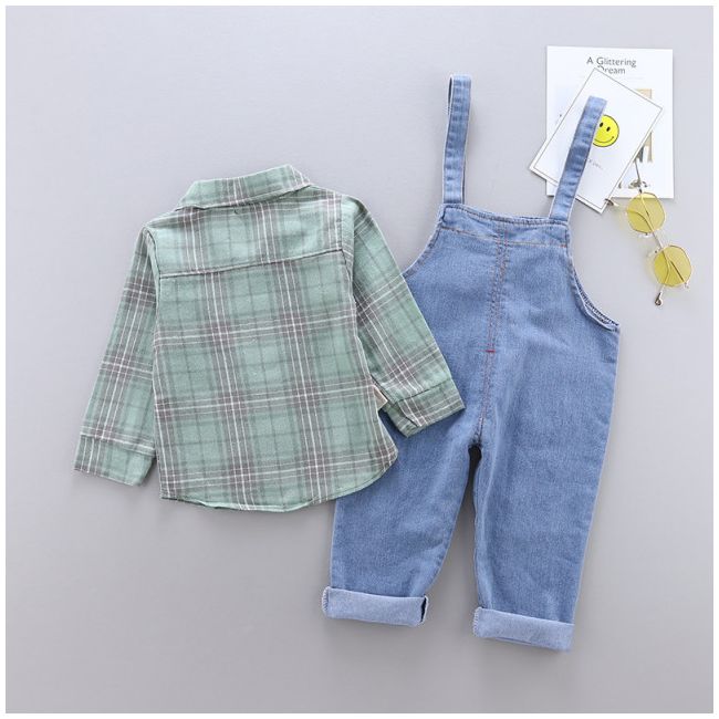 Salopeta din blugi si camasuta verde (Marime Disponibila: 18-24 luni) ADHQ326-3