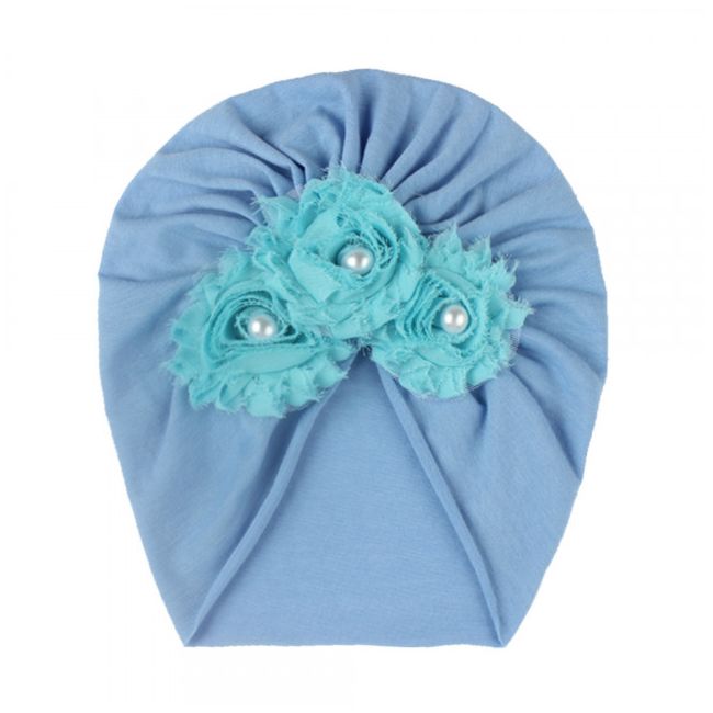 Caciulita tip turban cu floricele cu perlute aplicate MBx-19068-c4.6-9 luni (Marimea 19 incaltaminte)-Bleu