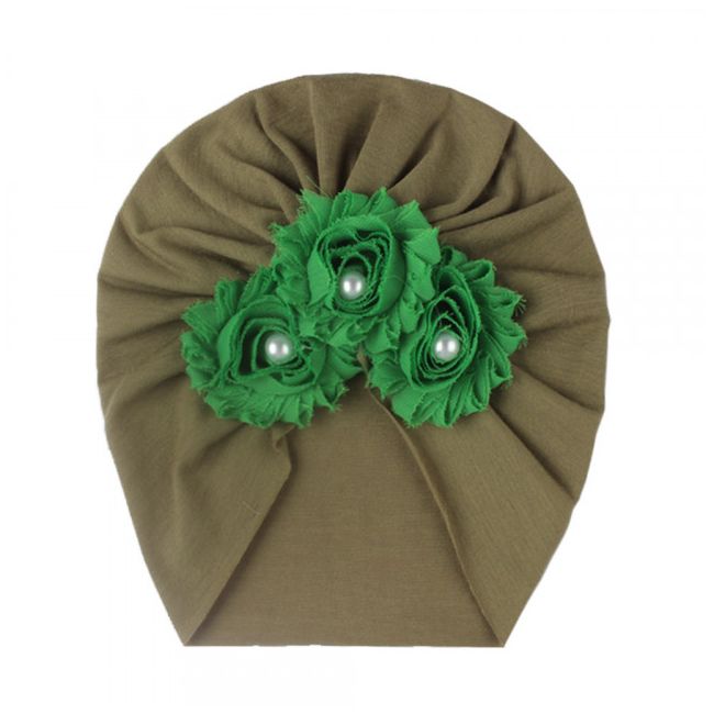 Caciulita tip turban cu floricele cu perlute aplicate MBx-19068-c4.6-9 luni (Marimea 19 incaltaminte)-Bleu