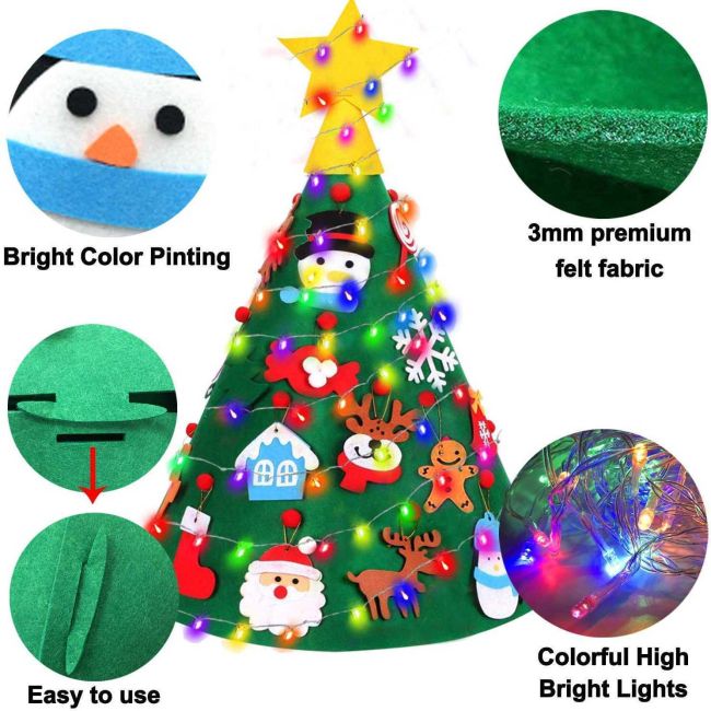 Brad de Craciun din Fetru model Conic 3D, 90x55cm,  18 decoratiuni si banda LED inclusa Bambinice BN038 BBJBN038_Initiala