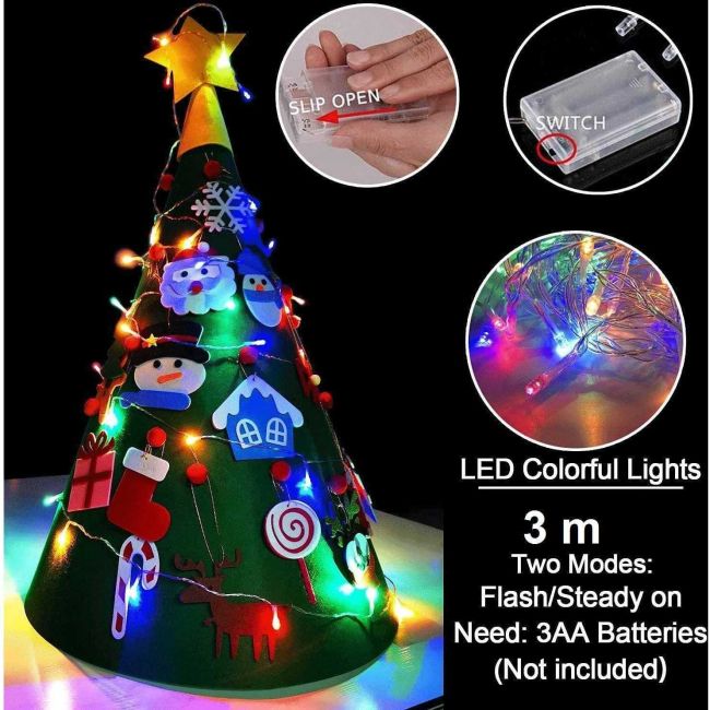 Brad de Craciun din Fetru model Conic 3D, 90x55cm,  18 decoratiuni si banda LED inclusa Bambinice BN038 BBJBN038_Initiala