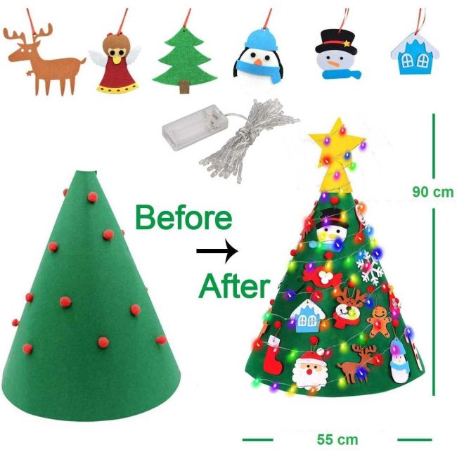 Brad de Craciun din Fetru model Conic 3D, 90x55cm,  18 decoratiuni si banda LED inclusa Bambinice BN038 BBJBN038_Initiala