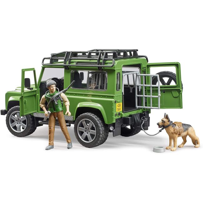 BRUDER - MASINA DE TEREN LAND ROVER DEFENDER CU PADURAR SI CAINE ARTBR02587