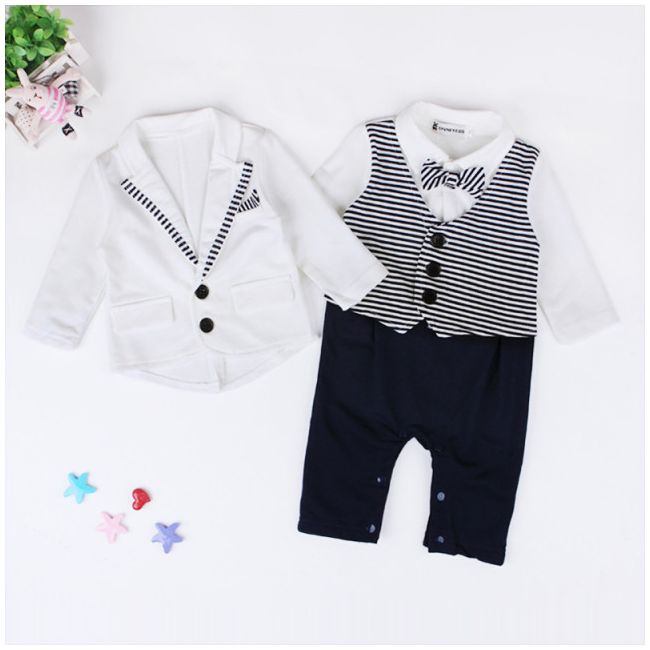 Salopeta eleganta cu sacou alb pentru bebelusi ADCC00251-H5.9-12 luni (Marimea 20 incaltaminte)