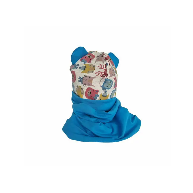Set caciula cu protectie gat Blue Animals pentru copii 18-36 luni, din bumbac KDECPGB1836BANIM
