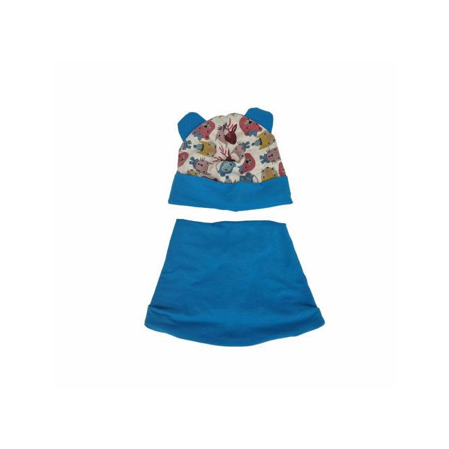 Set caciula cu protectie gat Blue Animals pentru copii 18-36 luni, din bumbac KDECPGB1836BANIM