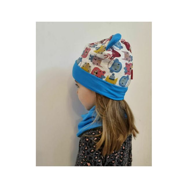 Set caciula cu protectie gat Blue Animals pentru copii 18-36 luni, din bumbac KDECPGB1836BANIM
