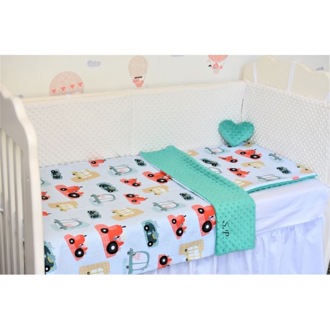 Lenjerie  3 piese patut 120x60 cm model masinute si plus minky turquoise PFCC9893