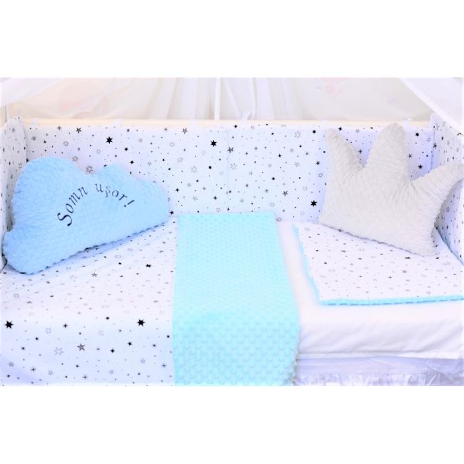 Lenjerie 3 piese patut  120x60 cm model stelute si plus minky bleu PFCC5729