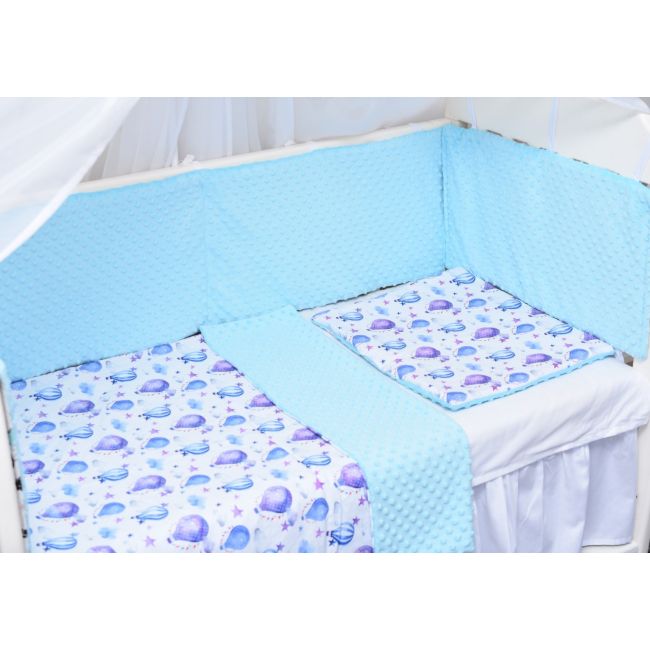 Lenjerie 3 piese patut 120x60 cm model baloane si plus minky bleu PFCC7278