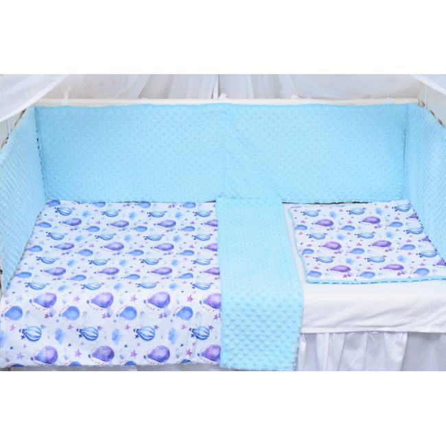 Lenjerie 3 piese patut 120x60 cm model baloane si plus minky bleu PFCC7278