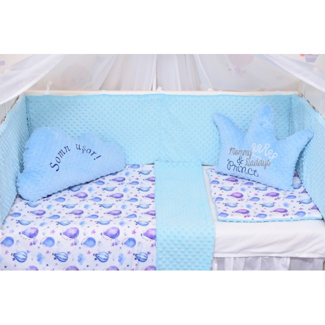 Lenjerie 3 piese patut 120x60 cm model baloane si plus minky bleu PFCC7278