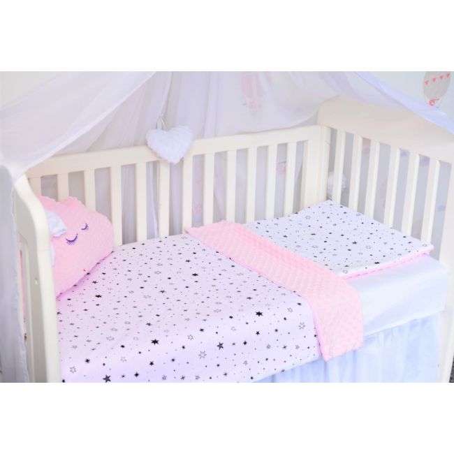 Lenjerie 3 piese patut 120x60 cm model stelute  si plus minky roz pal PFCC6654
