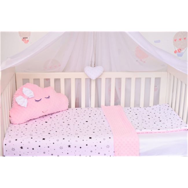 Lenjerie 3 piese patut 120x60 cm model stelute  si plus minky roz pal PFCC6654