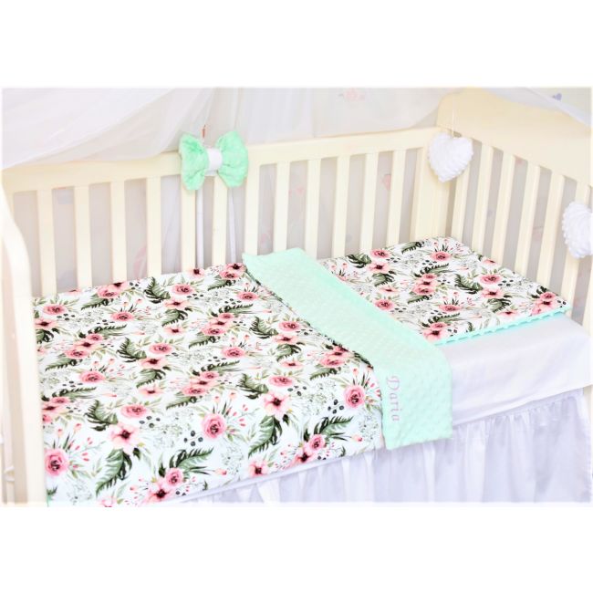 Lenjerie 3 piese patut 120x60 cm model trandafiri si plus minky verde menta PFCC100442