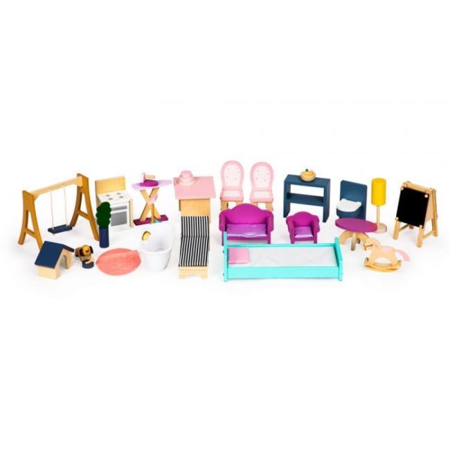Casuta de papusi xxl din lemn cu mobilier, terasa, catel si leagan, casuta lui maya, ecotoys 8101 edeedi8101