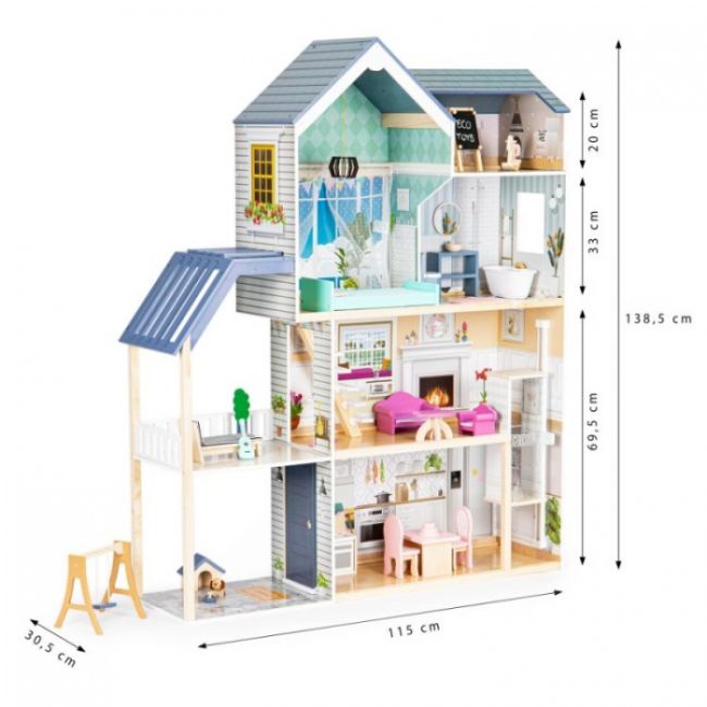 Casuta de papusi xxl din lemn cu mobilier, terasa, catel si leagan, casuta lui maya, ecotoys 8101 edeedi8101