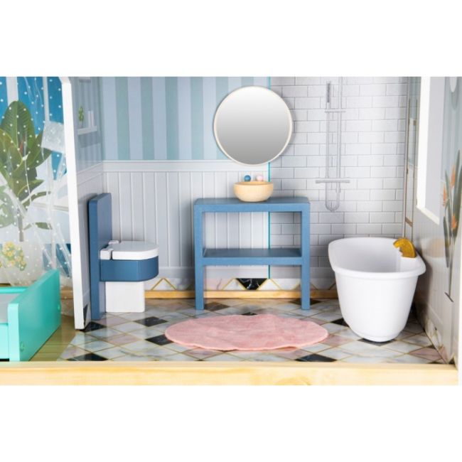 Casuta de papusi xxl din lemn cu mobilier, terasa, catel si leagan, casuta lui maya, ecotoys 8101 edeedi8101