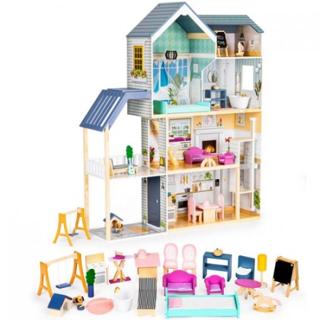 Casuta de papusi xxl din lemn cu mobilier, terasa, catel si leagan, casuta lui maya, ecotoys 8101 edeedi8101