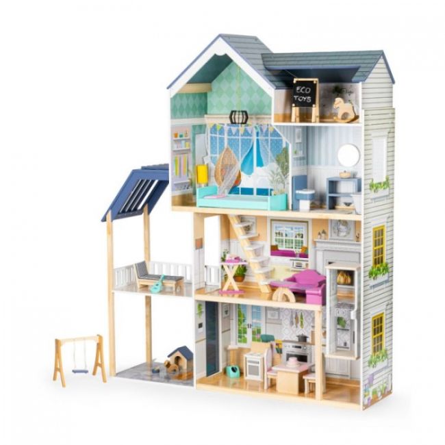 Casuta de papusi xxl din lemn cu mobilier, terasa, catel si leagan, casuta lui maya, ecotoys 8101 edeedi8101