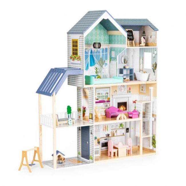 Casuta de papusi xxl din lemn cu mobilier, terasa, catel si leagan, casuta lui maya, ecotoys 8101 edeedi8101