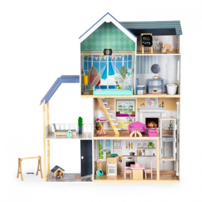 Casuta de papusi xxl din lemn cu mobilier, terasa, catel si leagan, casuta lui maya, ecotoys 8101 edeedi8101