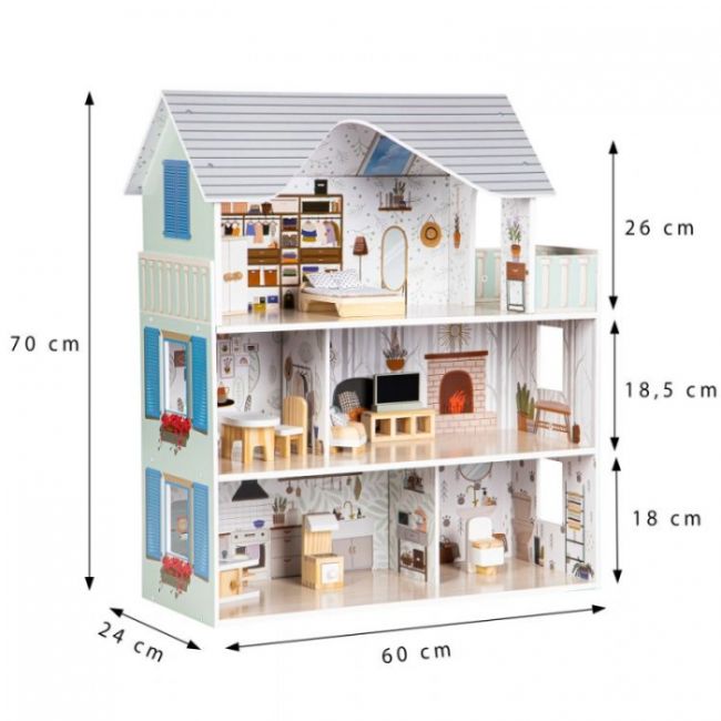 Casuta de papusi inalta din lemn cu mobilier, casuta lui emma, ecotoys 8301 edeedi8301