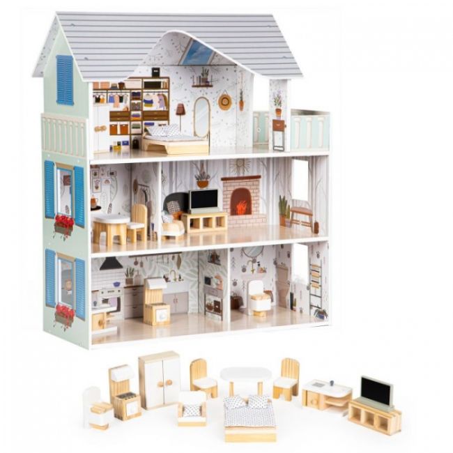 Casuta de papusi inalta din lemn cu mobilier, casuta lui emma, ecotoys 8301 edeedi8301
