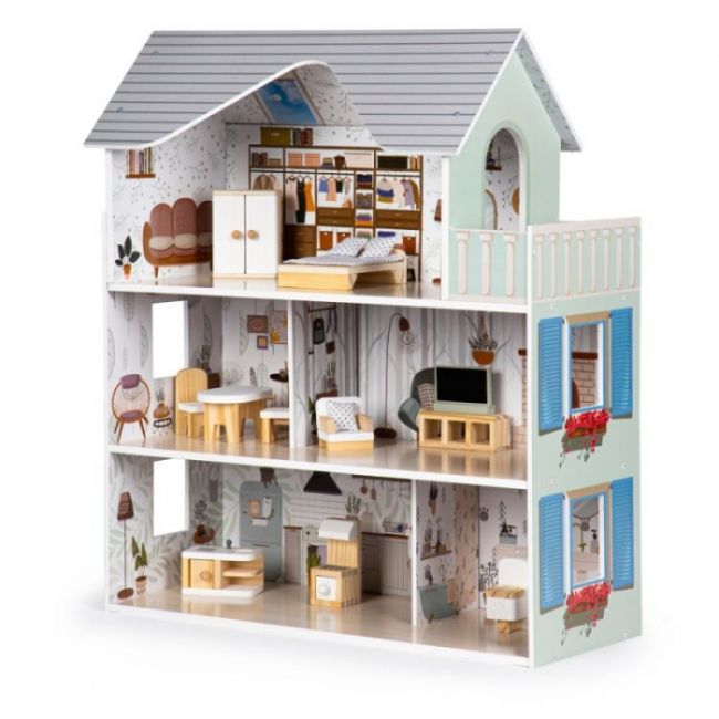 Casuta de papusi inalta din lemn cu mobilier, casuta lui emma, ecotoys 8301 edeedi8301