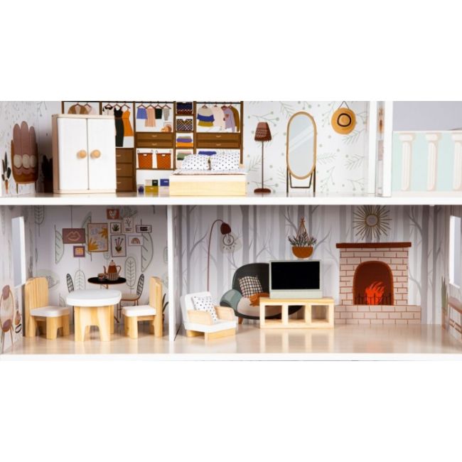 Casuta de papusi inalta din lemn cu mobilier, casuta lui emma, ecotoys 8301 edeedi8301
