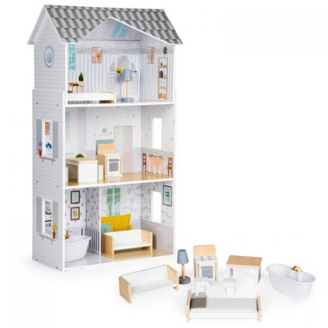 Casuta de papusi inalta din lemn cu mobilier, casuta lui grace, ecotoys 8210 edeedi8210