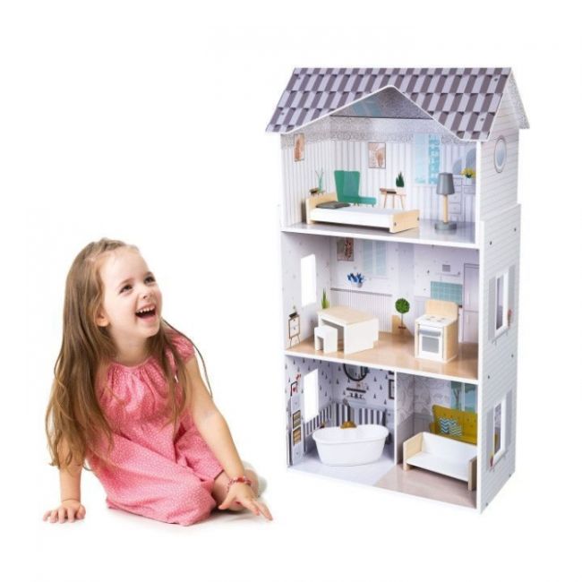 Casuta de papusi inalta din lemn cu mobilier, casuta lui grace, ecotoys 8210 edeedi8210