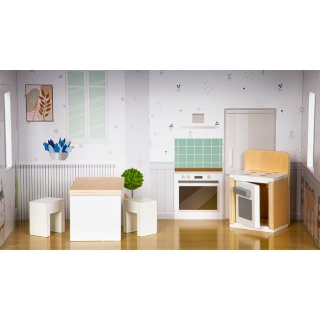 Casuta de papusi inalta din lemn cu mobilier, casuta lui grace, ecotoys 8210 edeedi8210