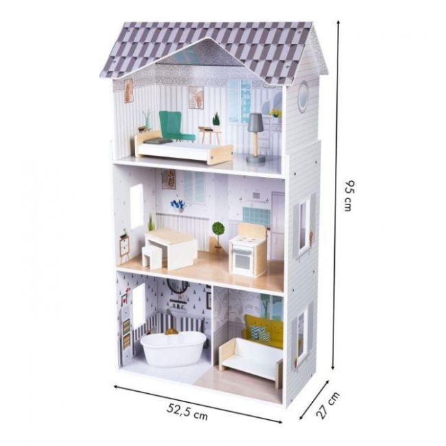 Casuta de papusi inalta din lemn cu mobilier, casuta lui grace, ecotoys 8210 edeedi8210