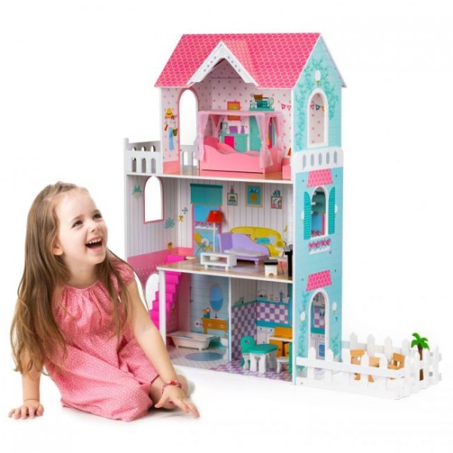 Casuta de papusi inalta din lemn cu mobilier si gradina, ecotoys w06a379 edeediw06a379