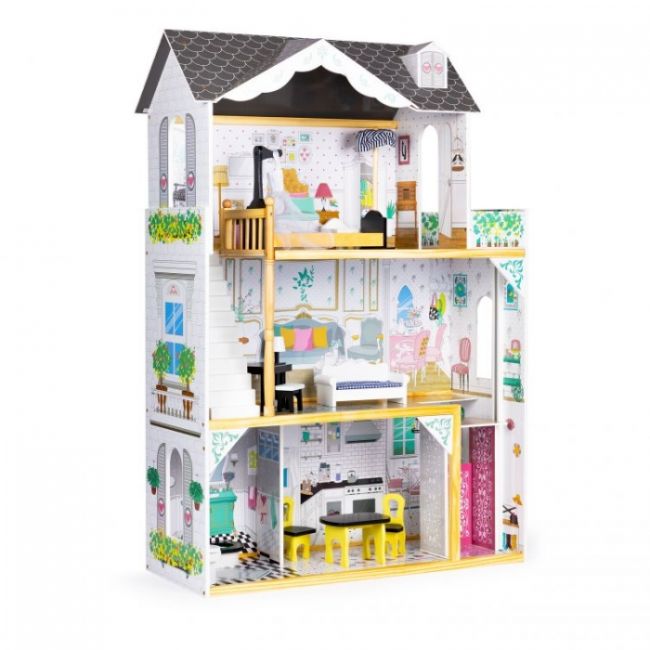 Casuta de papusi inalta din lemn cu mobilier si lift, ecotoys w06a400 edeediw06a400