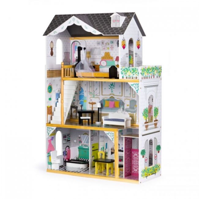 Casuta de papusi inalta din lemn cu mobilier si lift, ecotoys w06a400 edeediw06a400