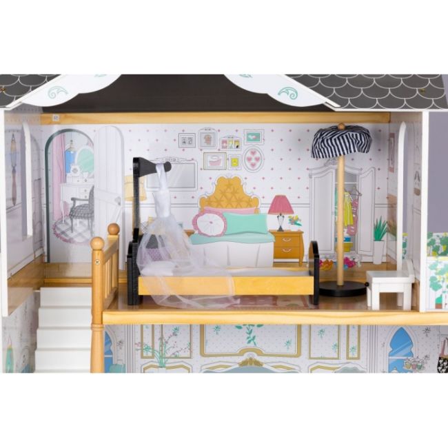 Casuta de papusi inalta din lemn cu mobilier si lift, ecotoys w06a400 edeediw06a400