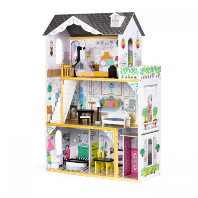 Casuta de papusi inalta din lemn cu mobilier si lift, ecotoys w06a400 edeediw06a400