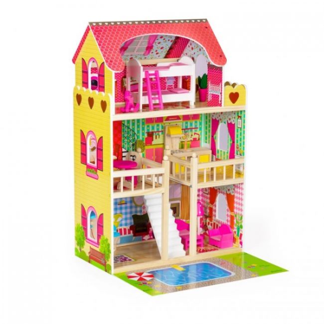 Casuta de papusi inalta din lemn cu mobilier si piscina, ecotoys w06a333e edeediw06a333e
