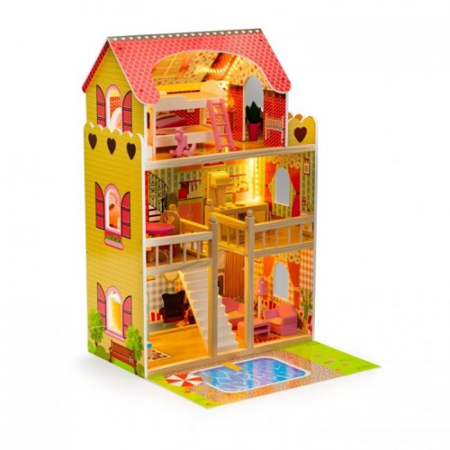 Casuta de papusi inalta din lemn cu mobilier si piscina, ecotoys w06a333e edeediw06a333e