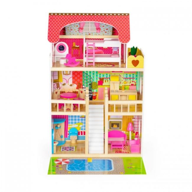 Casuta de papusi inalta din lemn cu mobilier si piscina, ecotoys w06a333e edeediw06a333e