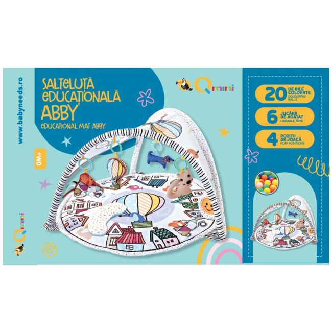 Qmini - Salteluta interactiva Abby , Cu muzica, 20 bile, 6 jucarii , Pentru activitati educationale, din Poliester, 85x85 cm, Multicolor, Resigilat BYN6426972005852_resigilat