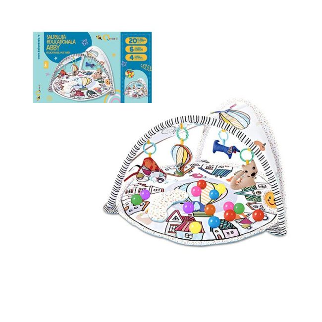 Qmini - Salteluta interactiva Abby , Cu muzica, 20 bile, 6 jucarii , Pentru activitati educationale, din Poliester, 85x85 cm, Multicolor, Resigilat BYN6426972005852_resigilat