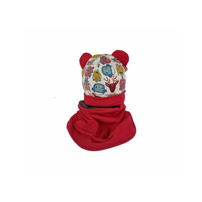 Set caciula cu protectie gat Red Animals pentru copii 18-36 luni, din bumbac KDECPGB1836RANIM