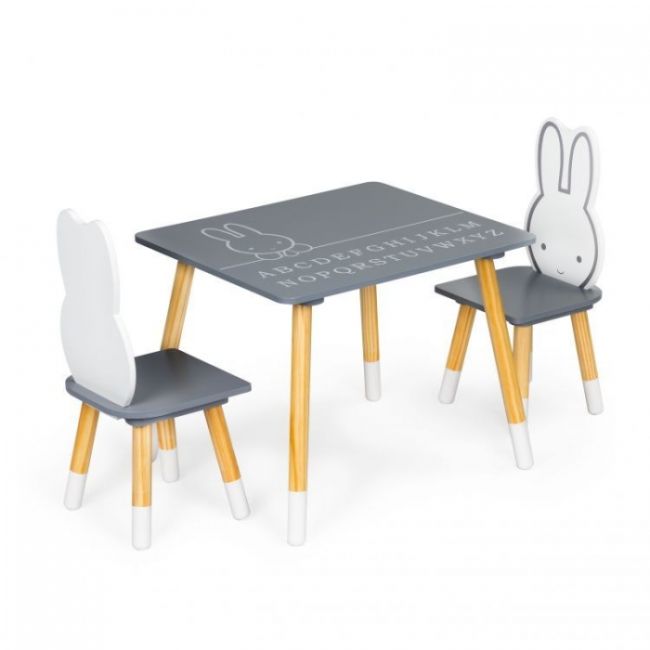 Set de masa cu alfabet si doua scaune in forma de iepuras pentru copii ecotoys wh141 - gri si natur edeediwh141