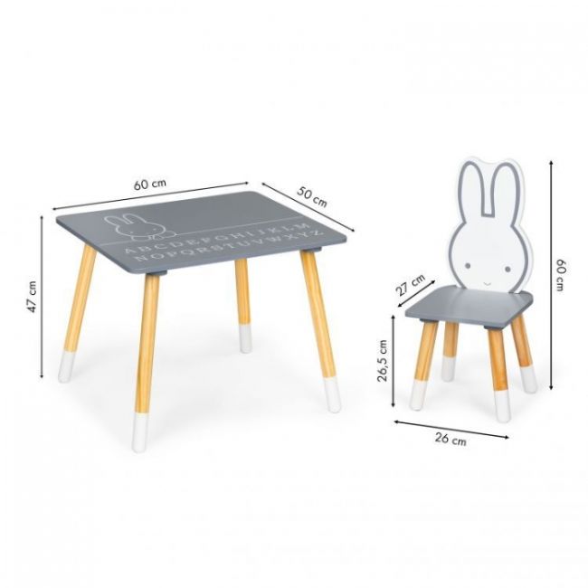 Set de masa cu alfabet si doua scaune in forma de iepuras pentru copii ecotoys wh141 - gri si natur edeediwh141