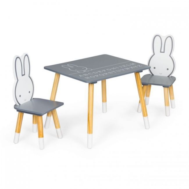 Set de masa cu alfabet si doua scaune in forma de iepuras pentru copii ecotoys wh141 - gri si natur edeediwh141